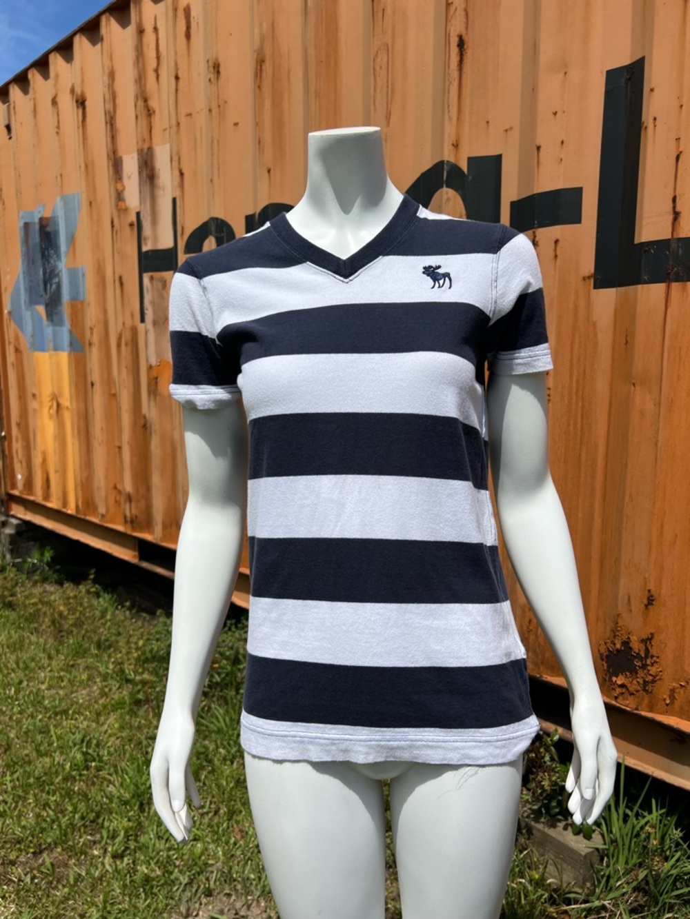 Abercrombie & Fitch Navy and White Striped Muscle Fit Tee